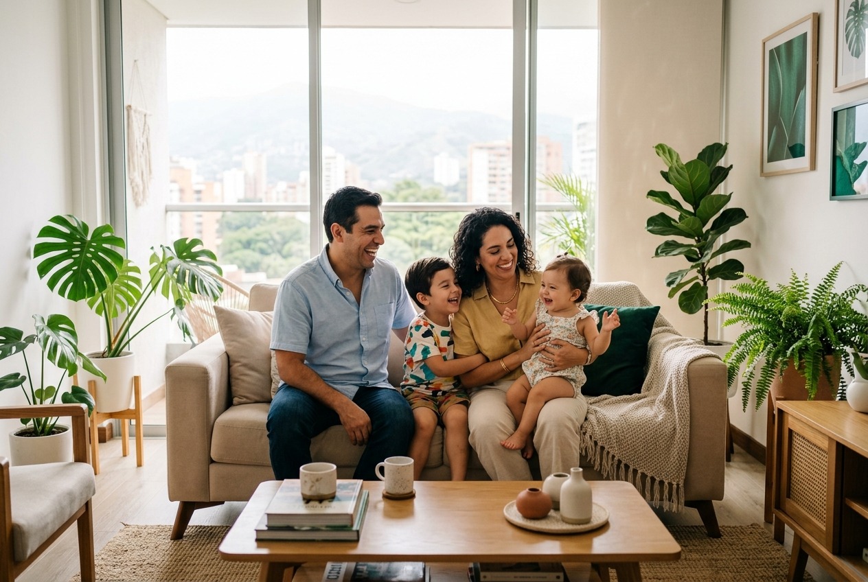 Familia feliz disfrutando en la sala iluminada de su nuevo apartamento