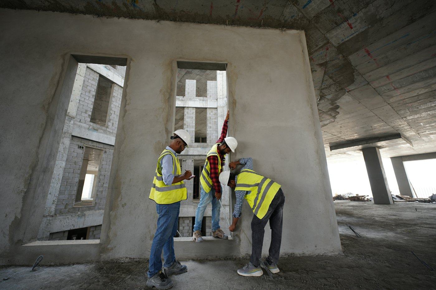 Ingenieros con casco revisando la estructura de un edificio