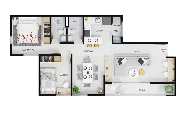 Plano Tipo 01 y 04 Piso 2 al 9 - 66.87 m²