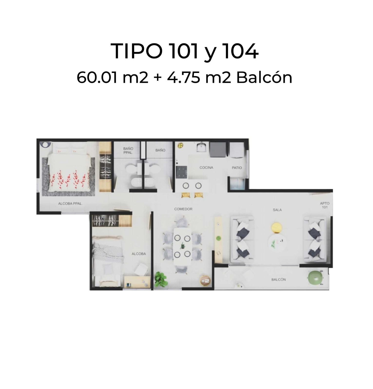 Tipos 101 y 104 · 60,01 m² + 4,75 m² de balcón