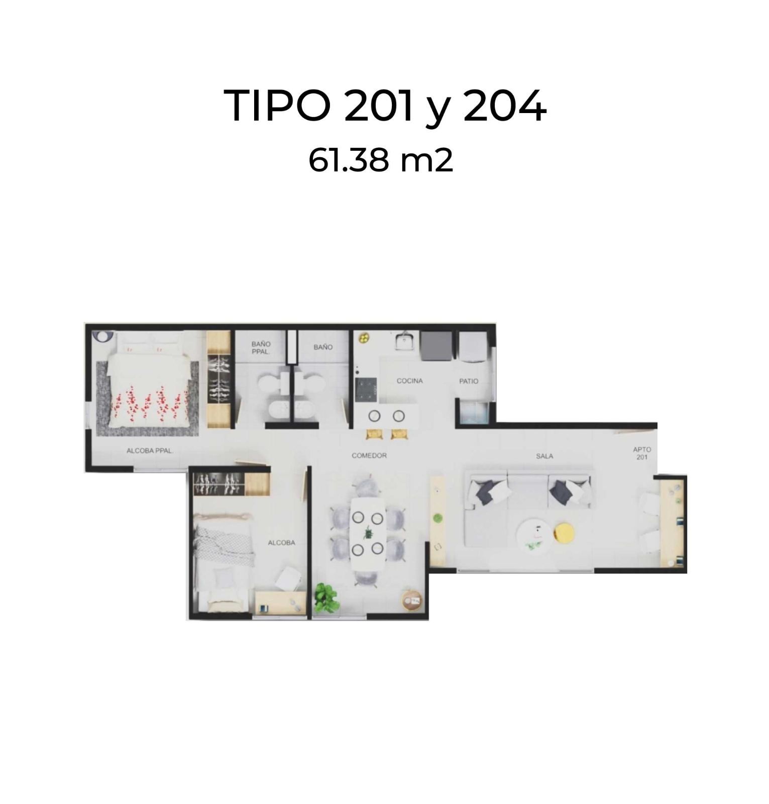 Tipos 201 y 204 · 61,38 m²