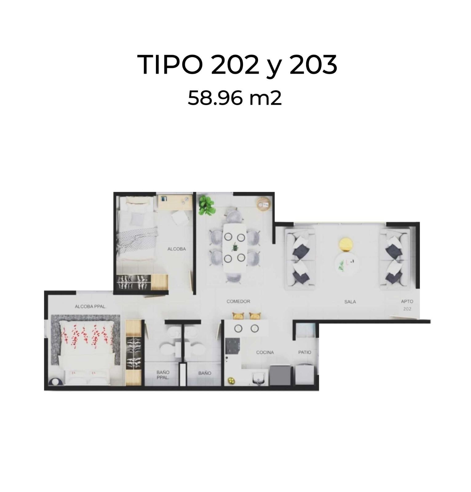 Tipos 202 y 203 · 58,96 m²