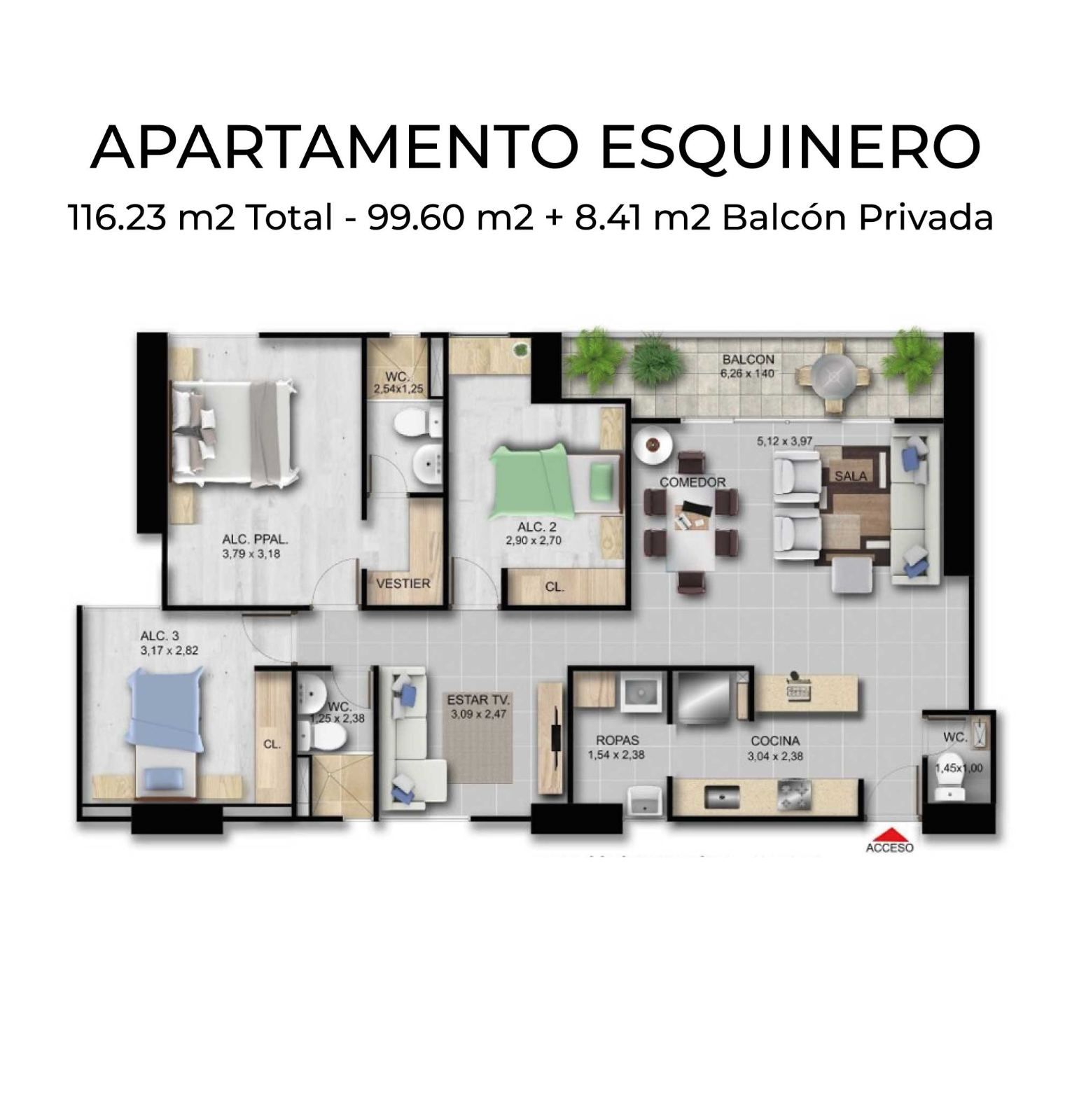 Plano del apartamento esquinero · Podium