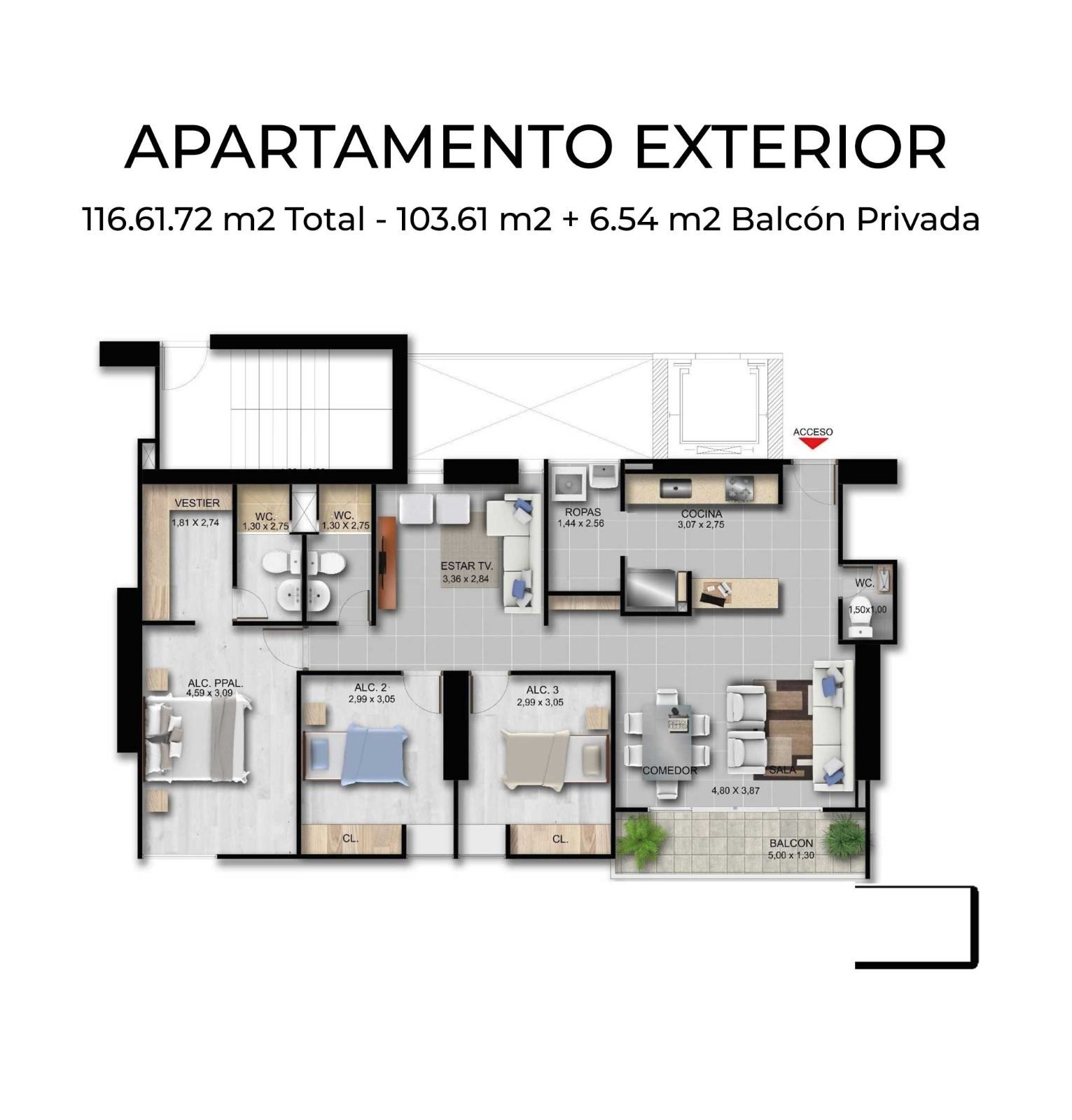 Plano del apartamento tipo exterior · Podium